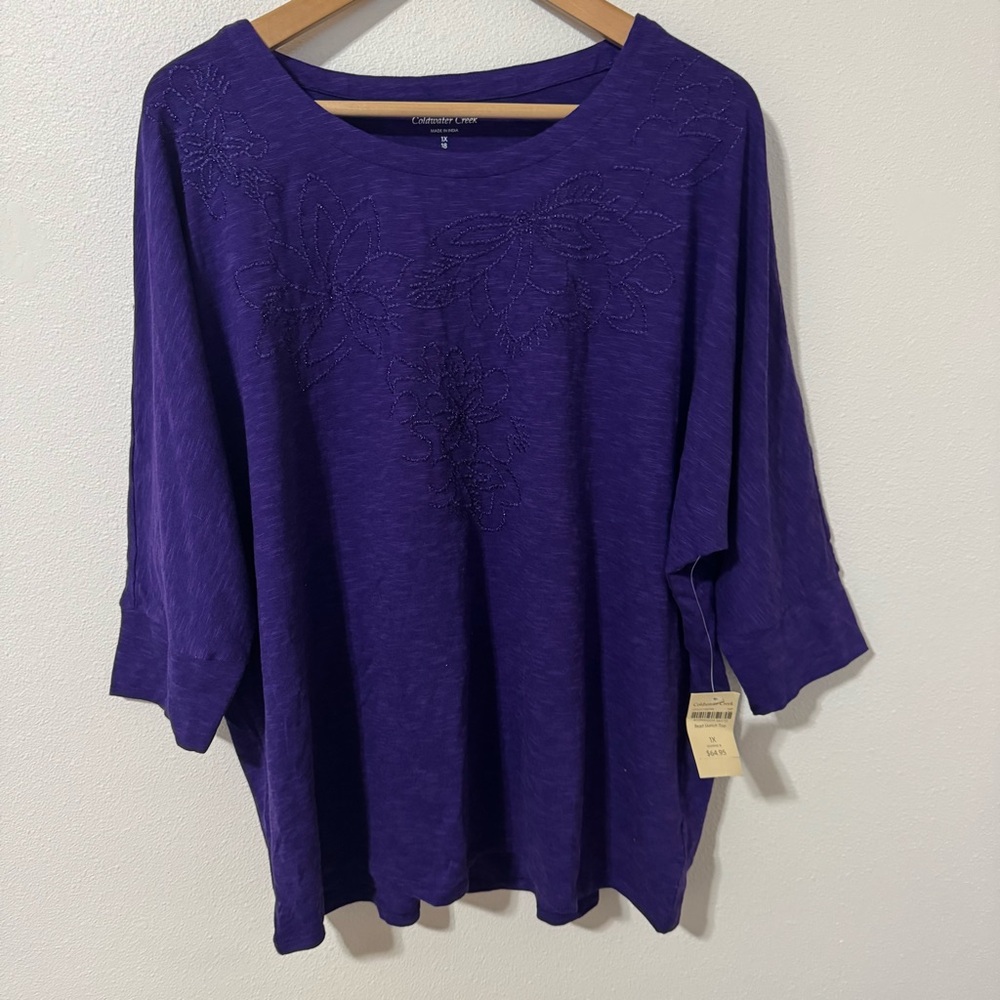 Coldwater Creek Beaded Floral Sketch Dolman Top Purple Whimsigoth Fairy NWT-1X